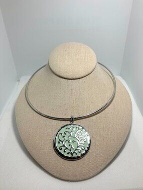C 1945 Metal Pendant Choker And Earring Set Scroll Work Mint Green Background